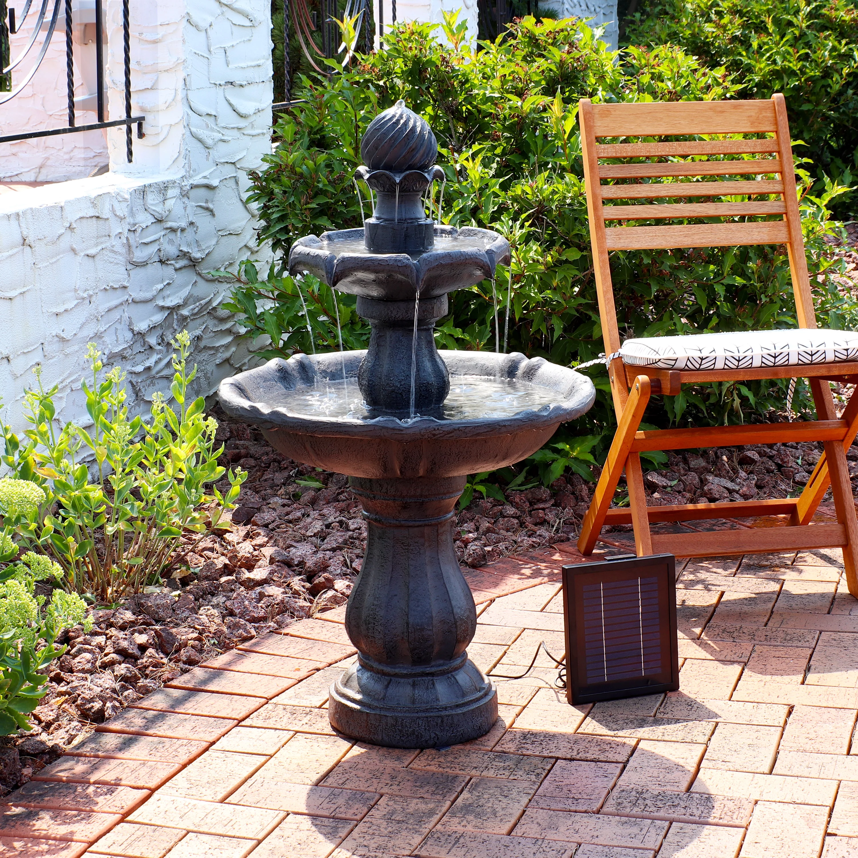 Sunnydaze 2-Tier Solar Outdoor Water Fountain with Battery Backup - Black Finish - 35" H