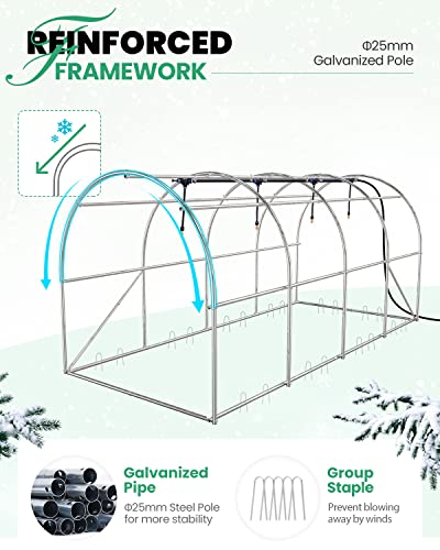 KING BIRD Upgraded 15x6.6x6.6FT Large Walk-in Greenhouse Heavy Duty Galvanized Steel Frame 2 Zippered Screen Doors 8 Screen Windows Tunnel Garden Plant Hot Green House 20 Stakes 4 Ropes 2 Gloves White