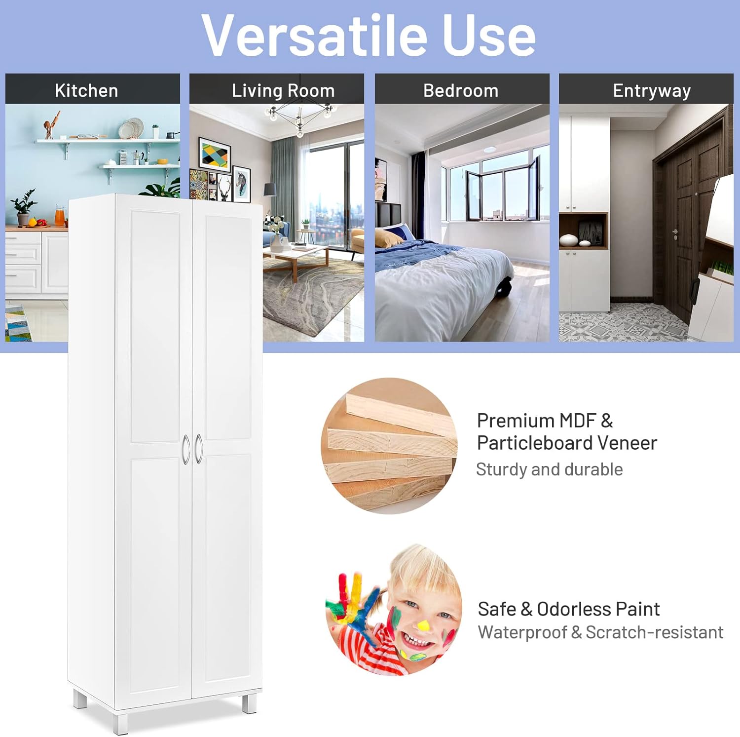 DORTALA 2-Door Tall Storage Cabinet, Morden Kitchen Pantry Cupboard Organizer w/ 5 Shelves, Wood Utility Floor Storage Cabinet, Multifunction Home Storage Furniture, White