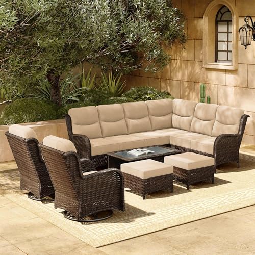 Luxury Patio Furniture Set with 6-inch Thick Cushion, Outdoor Couch and High Back Swivel Rocker Patio Chairs, 7PCS Wicker Conversation Set for Deck, Yard, and Poolside in Blue (V2)