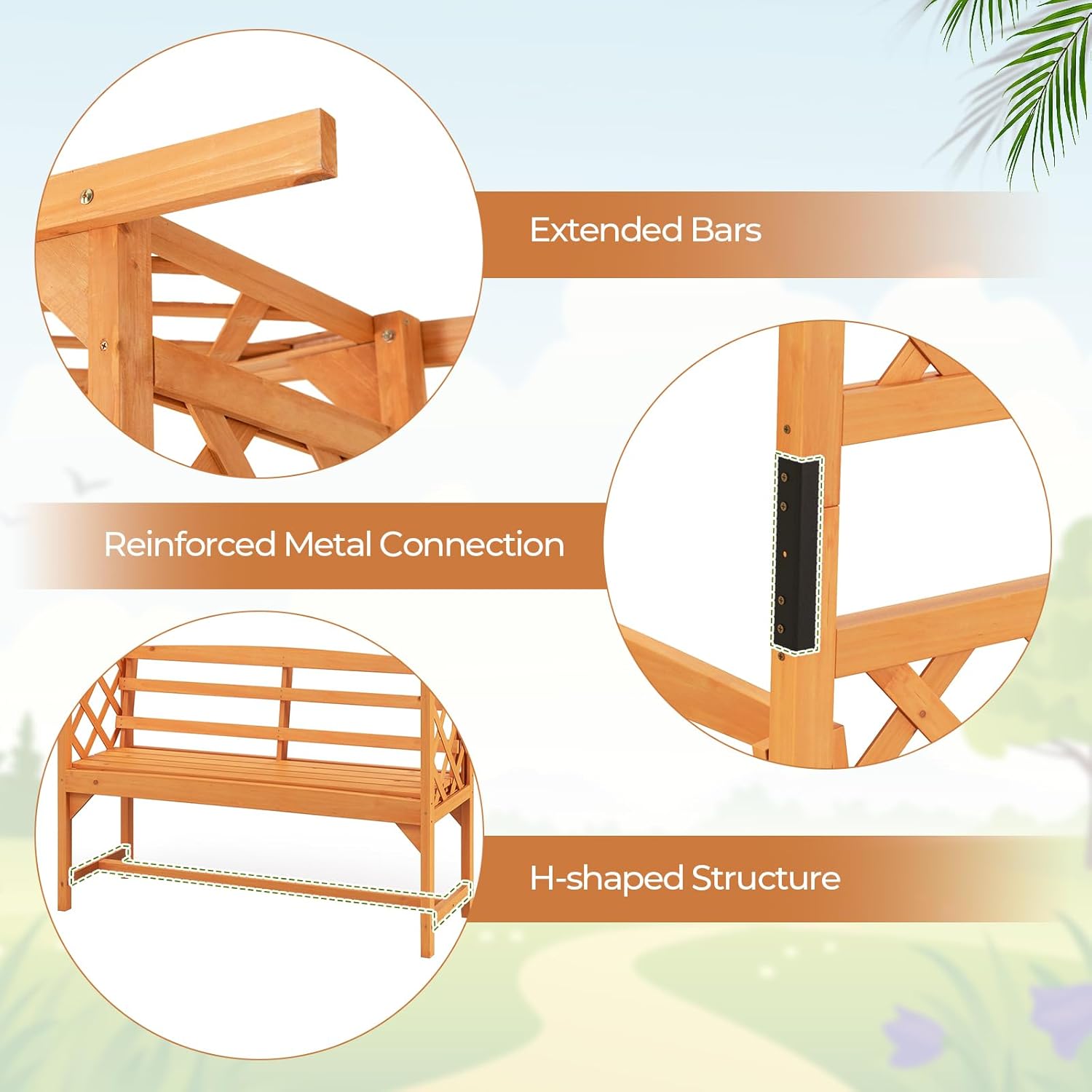 Happygrill Patio Garden Arbor with Bench, Garden Arch Trellis w/Pergola & Side Trellises for Climbing Plants Vines Grapes, 2-Seat Wooden Outdoor Bench, Garden Archway for Wedding Party Backyard