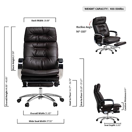 Kinnls Vane Office Chair with Footrest,Ergonomic Management Executive Fully Reclining Office Chair Double Thickened Upholstered Genuine Leather Home Desk Chairs (Without Massage-Coffee)