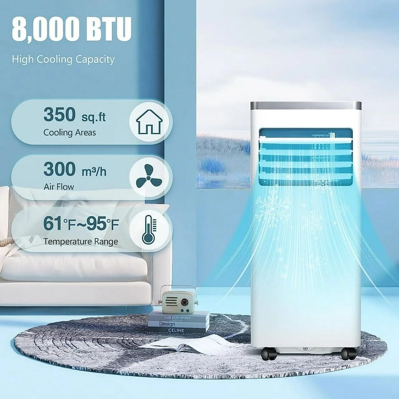 KISSAIR 5,000 BTU (8,000 BTU ASHARE) Portable Air Conditioner,3-in-1 Portable AC Unit for Room Up to 350 Sq.Ft, 2 Fan Speeds/Remote Control/24Hrs Timer/Installation Kit for Home/Office-White&Silve