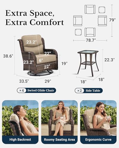 Luxury Patio Furniture Set with 6-inch Thick Cushion, Outdoor Couch and High Back Swivel Rocker Patio Chairs, 7PCS Wicker Conversation Set for Deck, Yard, and Poolside in Blue (V2)