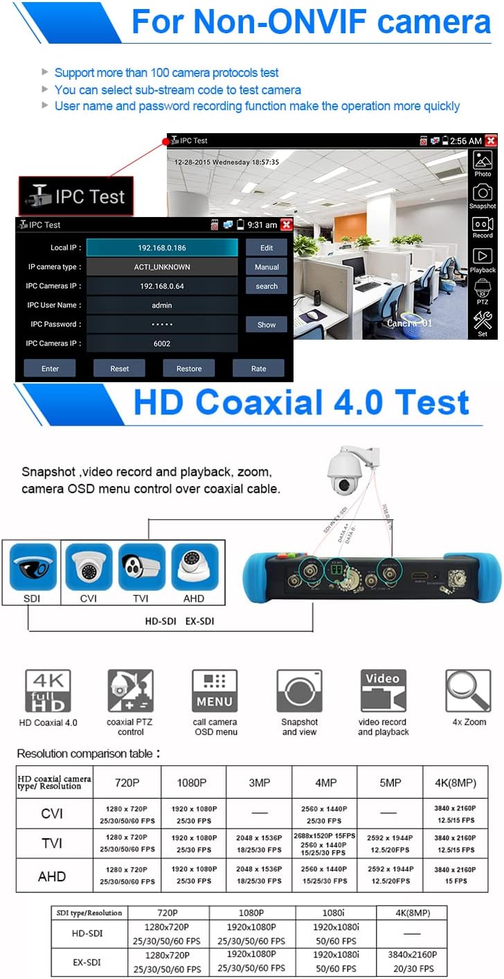 IP Camera Tester IPC 9800MOVTADHS Plus 7'' IPS Touch Screen Camera Tester WiFi 4K H.265 HDMI IPC Tester 8MP CVI TVI AHD SDI CVBS Camera Tester Support CVBS camera test and PTZ control Tester IP Analog