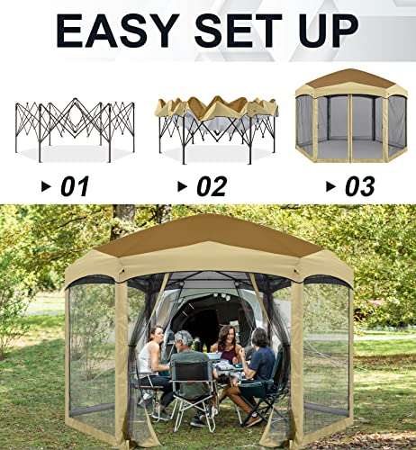 COOSHADE Pop Up Camping Gazebo 6 Sided Instant Screened Canopy Tent Outdoor Screen House Room(12x10Ft,Camouflage)