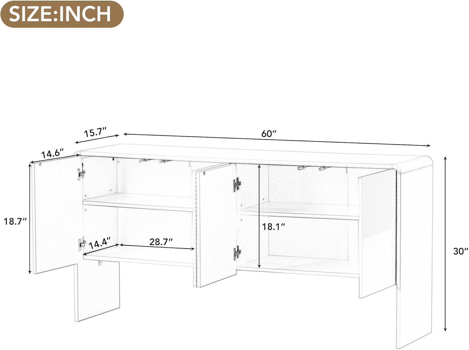 Large 60" Storage Sideboard with 4 Doors, Adjustable Shelves and Rebound Device, Minimalist Style Buffet Cabinet for Living Room and Entryway, Apricot Cream