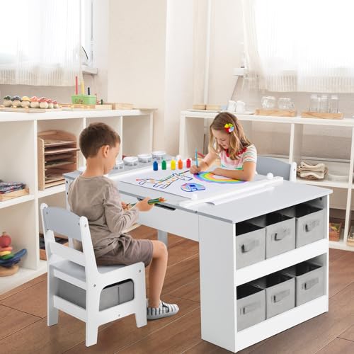 Kinder King Kids Art Table & Easel Chair Set, 3 in 1 Wood Children Activity Table, 6 Storage Bins, Paper Roll, Paint Cups, Toddler Craft and Play Table for Art, Drawing, Reading, Playroom, Natural