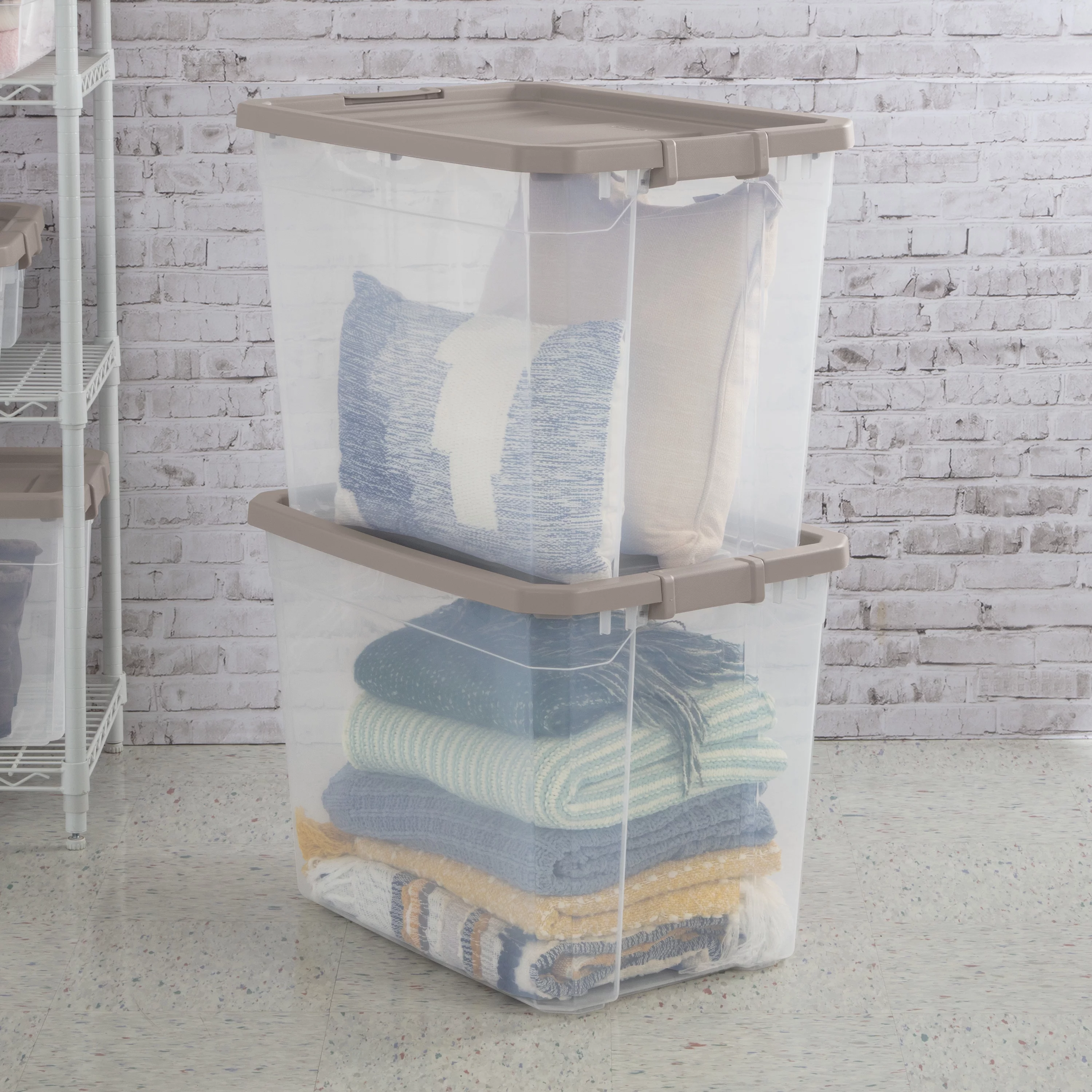 Sterilite Plastic 108 Qt. Stacker Box Taupe Splash Set of 4 - Curated Treasures Market