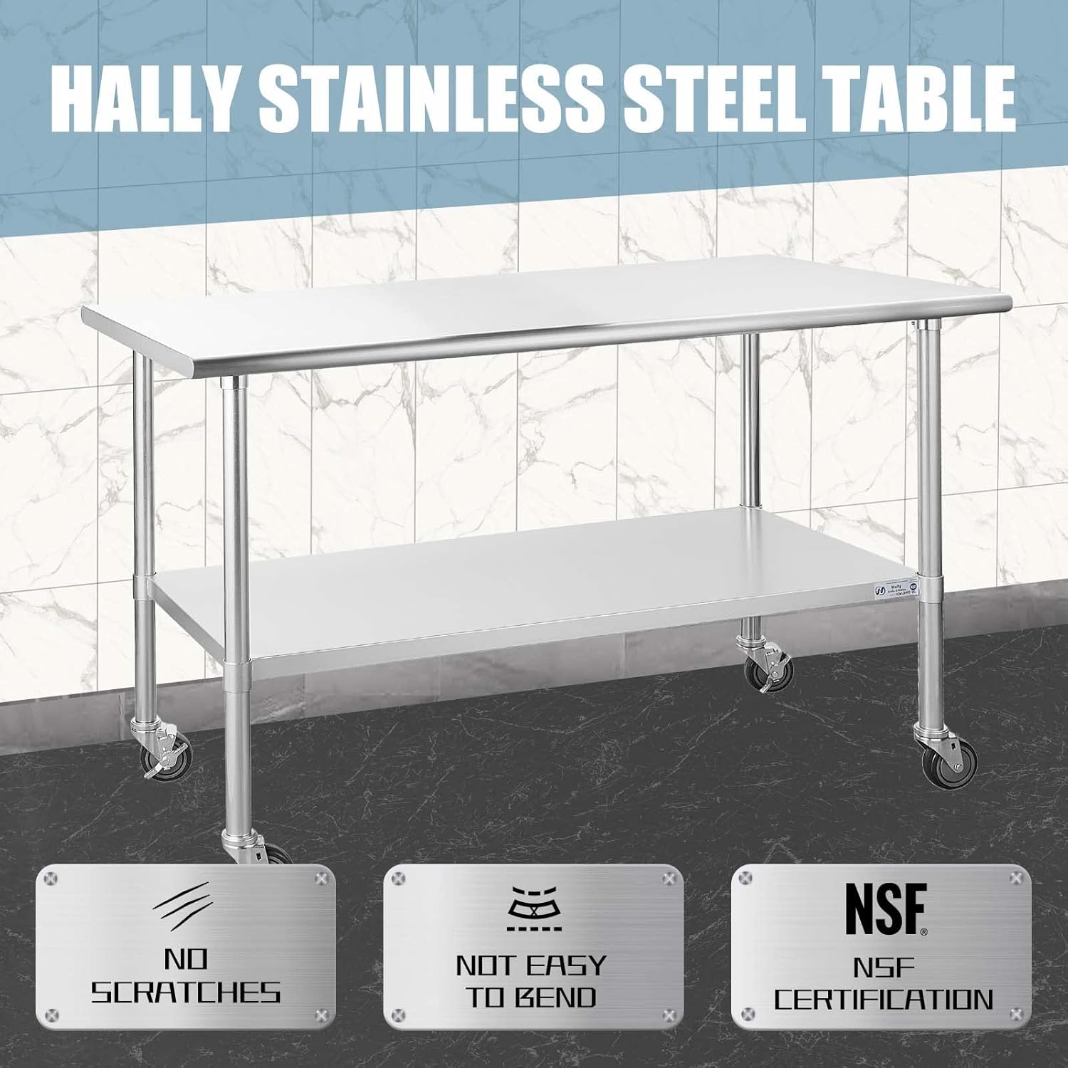 Hally Stainless Steel Table for Prep & Work 24 x 36 Inches with Caster Wheels, NSF Commercial Heavy Duty Table with Undershelf and Galvanized Legs for Restaurant, Home and Hotel