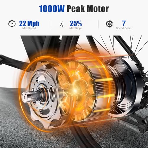 Electric Bike, 1000W Peak Motor, 26” Electric Mountain Bike, 375Wh Removable Battery, 40 Miles Range & 22 Mph Step-Over Ebike for Adults, Electric Bicycle for Commute, 7 Speed