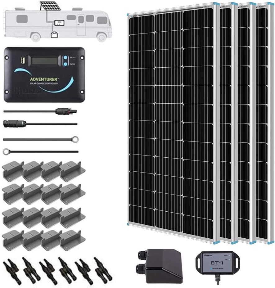 Renogy 400 Watts 12 Volts Monocrystalline Solar RV Kit Off-Grid Kit with Adventurer 30A PWM LCD Charge Controller+ Mounting Brackets+ Male & 2000W Pure Sine Wave Inverter 12V DC to 120V AC Converter