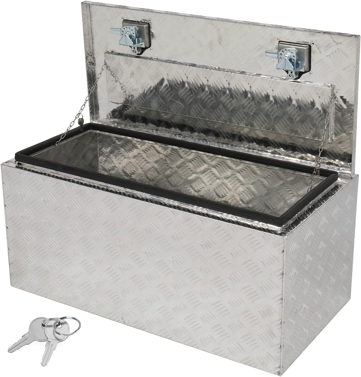BATONECO Truck Bed Tool Box Trailer Storage Tool Box Underbody Toolbox W/Lock Latch w/Keys, T-Handle，36 X 18 X 17 Inch Silver Aluminum 5 Bar Tread
