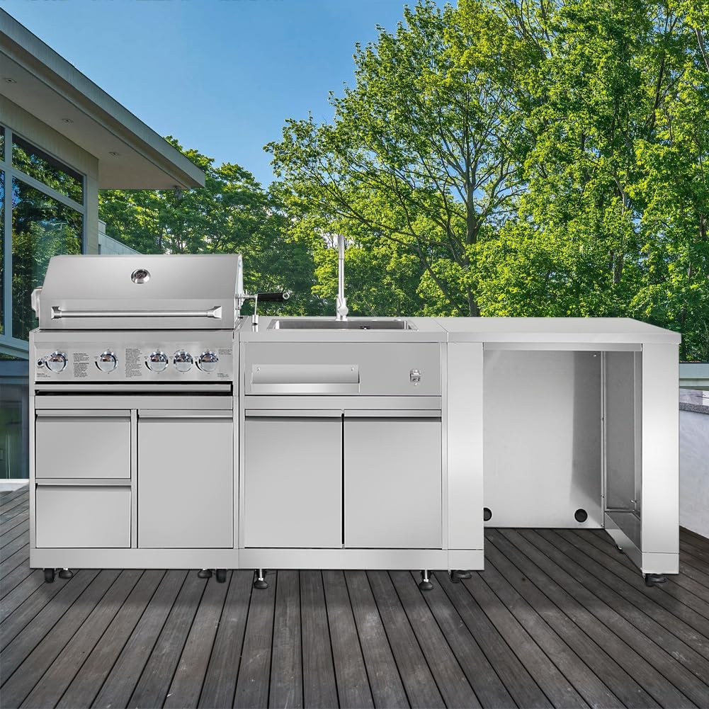 4 Pcs Stainless Steel Outdoor Kitchen Bar Gas Barbecue Island Grill, 4-Burner 59000 BTU Built-in Grill with Infrared Rear Burner + Grill Cabinet + Sink Cabinet + Appliance Cabinet + Rotisserie Kit