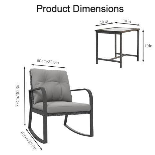 3 Piece Rocking Bistro Patio Set, Outdoor Rocking Chair, Outdoor Bistro Sets Wicker Patio Furniture Rocking Chairs Sectional Couch with Tempered Glass Top Coffee Table & Cushions, Dark Blue