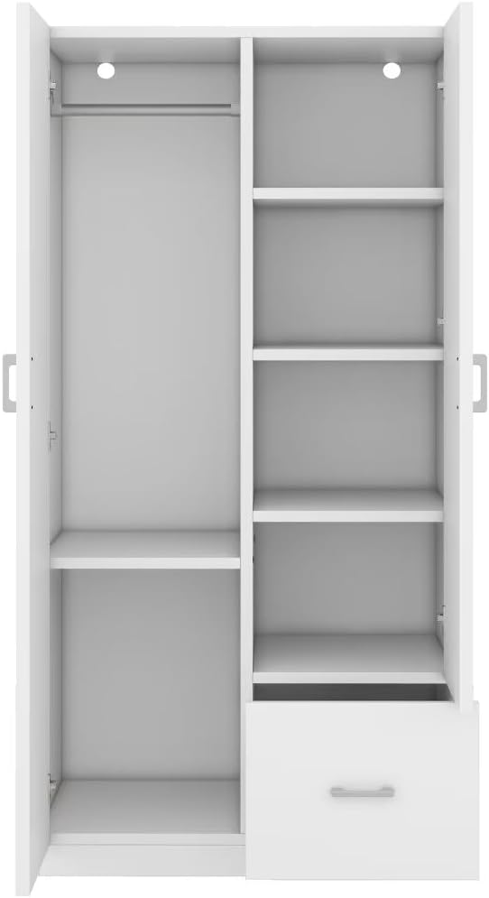 Wooden Wardrobe with Double Doors, 2 Door Wood Wardrobe with 5 Fixed Shelves, One Storage Drawer, Modern Armoire Wardrobe Closet with Hanging Rod (White)