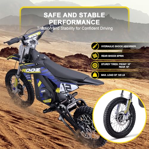 KOOZ HP112E 36V 1000W Electric Dirt Bike for Kids, 3 Speed Modes Teen Electric Motorcycle Up to 18 MPH & 15 Miles Long-Range, Dual Suspension & Disc Brake, 16" Sturdy Tire for Kids Teenagers, Blue