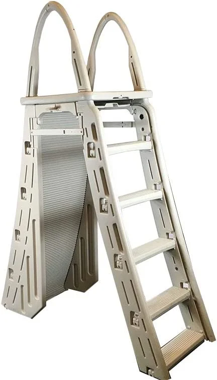 7200 Roll Guard 48" to 56" Adjustable A Frame Safety Ladder for Above Ground Outdoor Patio Swimming Pool Platform Ladder with Step Barrier, Warm Grey…