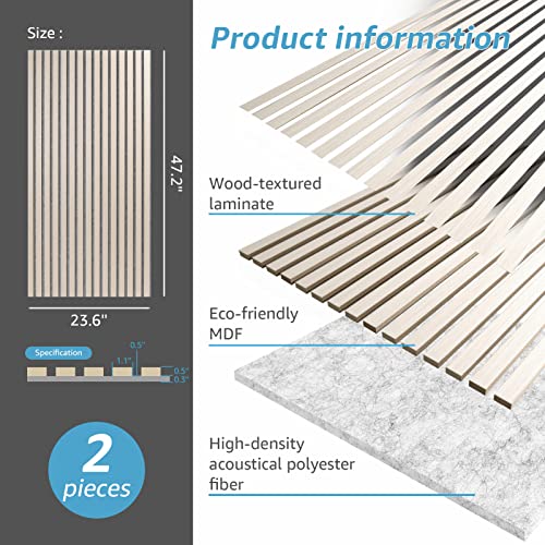 Art3d 4pcs-107 x 8in Slat Acoustic Panel for Wall and Ceiling, 3D Fluted Sound Absorbing Panel with Wood Finish, White Elm