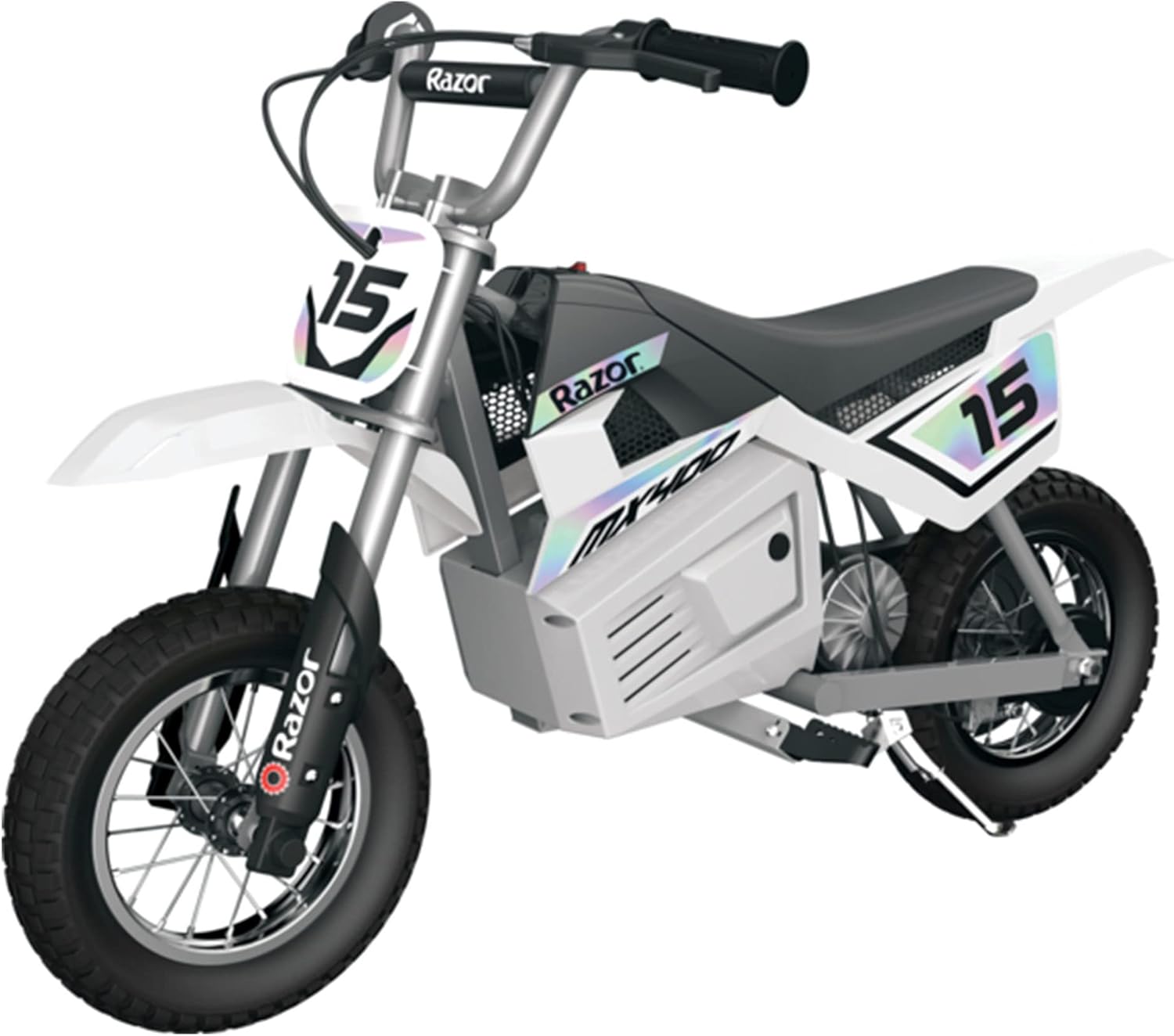 Razor Dirt Rocket 24 Volt Electric Toy Motocross MX400 Dirt Bike with Hand-Operated Brakes and Retractable Kickstand, White (2 Pack)