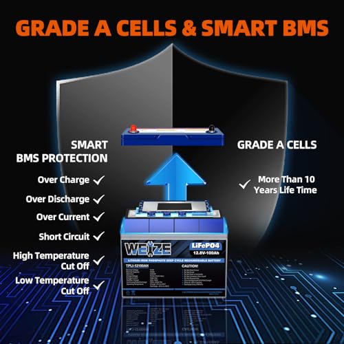 Weize 12V 100Ah TM LiFePO4 Lithium Battery, Built-in Smart BMS, Group 31 Deep Cycle Battery Perfect for Trolling Motor, RV, Solar, Marine, Overland/Van, and Off Grid Applications