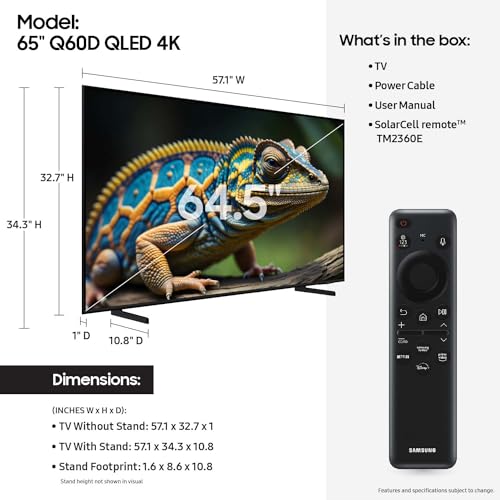 SAMSUNG Class QLED 4K Q60D Series Quantum HDR Smart TV w/Object Tracking Sound Lite, Motion Xcelerator, Slim Design, Gaming Hub, Alexa Built-in