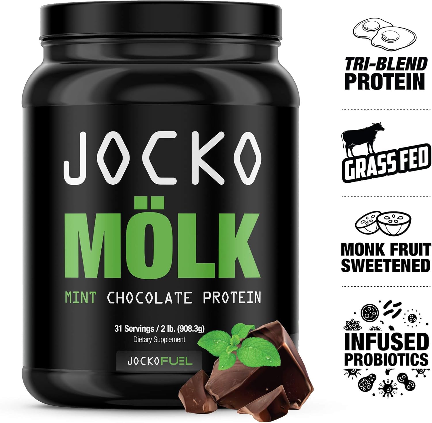 Jocko Mölk Protein Powder (Mint Chocolate) - Keto, Probiotics, Grass Fed Whey, Digestive Enzymes, Amino Acids, Sugar Free Monk Fruit Blend - Supports Muscle Recovery and Growth - 31 Servings Pack of 2