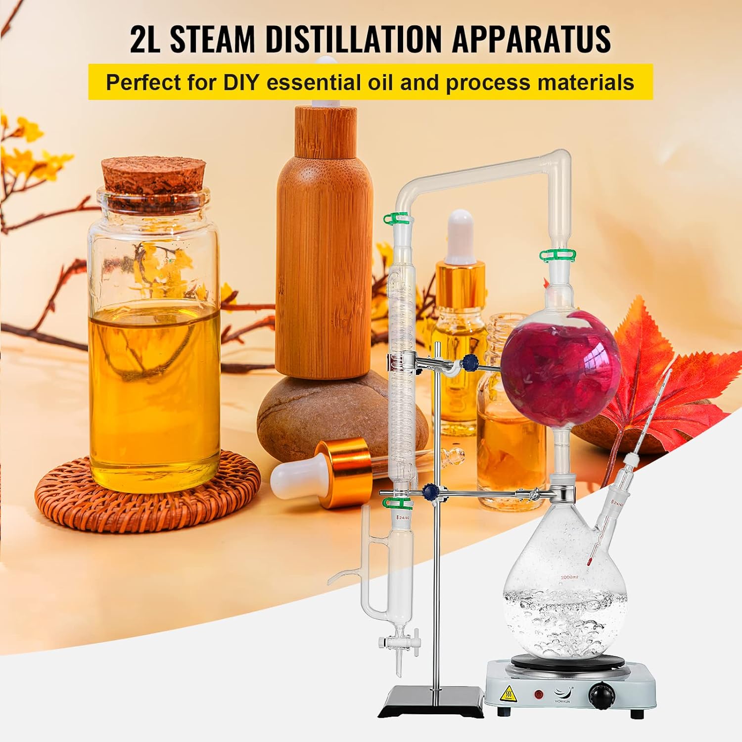 VEVOR 2L Essential Oil Distillation Apparatus Lab Glassware Distillation Kit Water Distiller Purifier with Hot Stove Condenser S35 & 24 or 40 Joint
