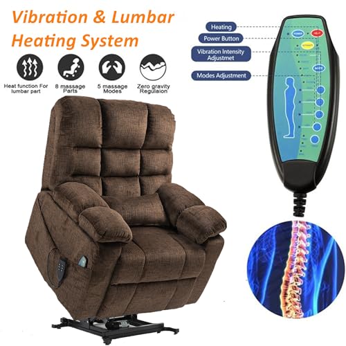 Light Grey Recliner Chair for Elderly | Tall and Big Man 400lbs | Chenille | Power Lift, Lay Flat, Stand Up, Wireless Charging Device, Extended Footrest, Massage Heat, Cup Holder, Lumbar Pillow