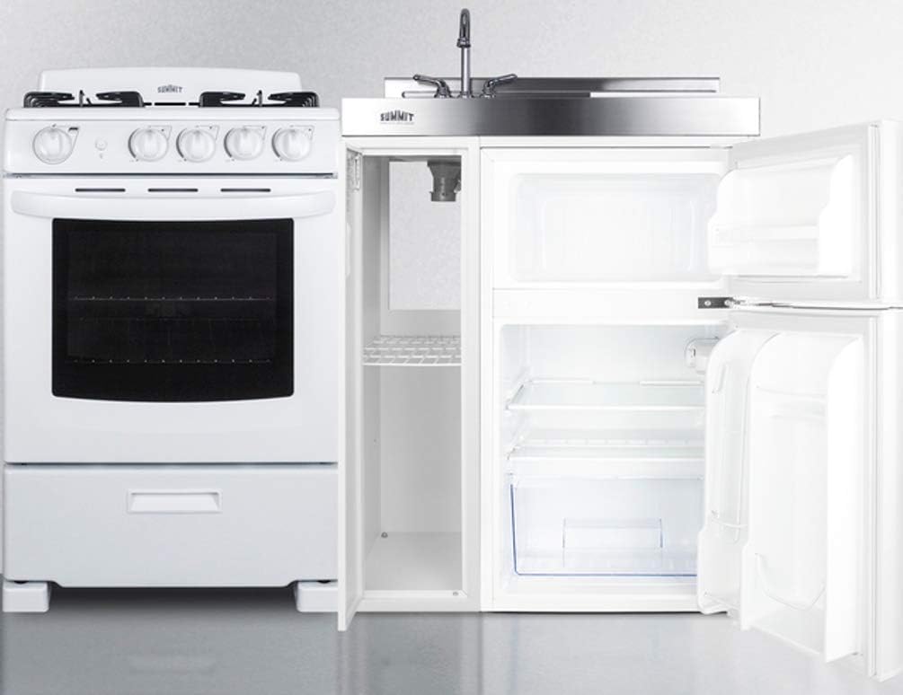 Summit Appliance ACK54GASW 54" Wide All-in-One Kitchenette with 115V 4-Burner Gas Range, Refrigerator-Freezer, Sink, Cutting Board and Cutlery Storage, and a Storage Cabinet
