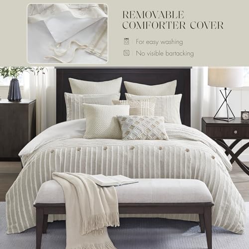 Madison Park King Comforter Set Clipped Jacquard Stripes with Buttons Boho Comforter for a King-Size Bed, Cotton Oversized Comforters with Removable Cover Boho Bedding, King Ivory 9 Piece