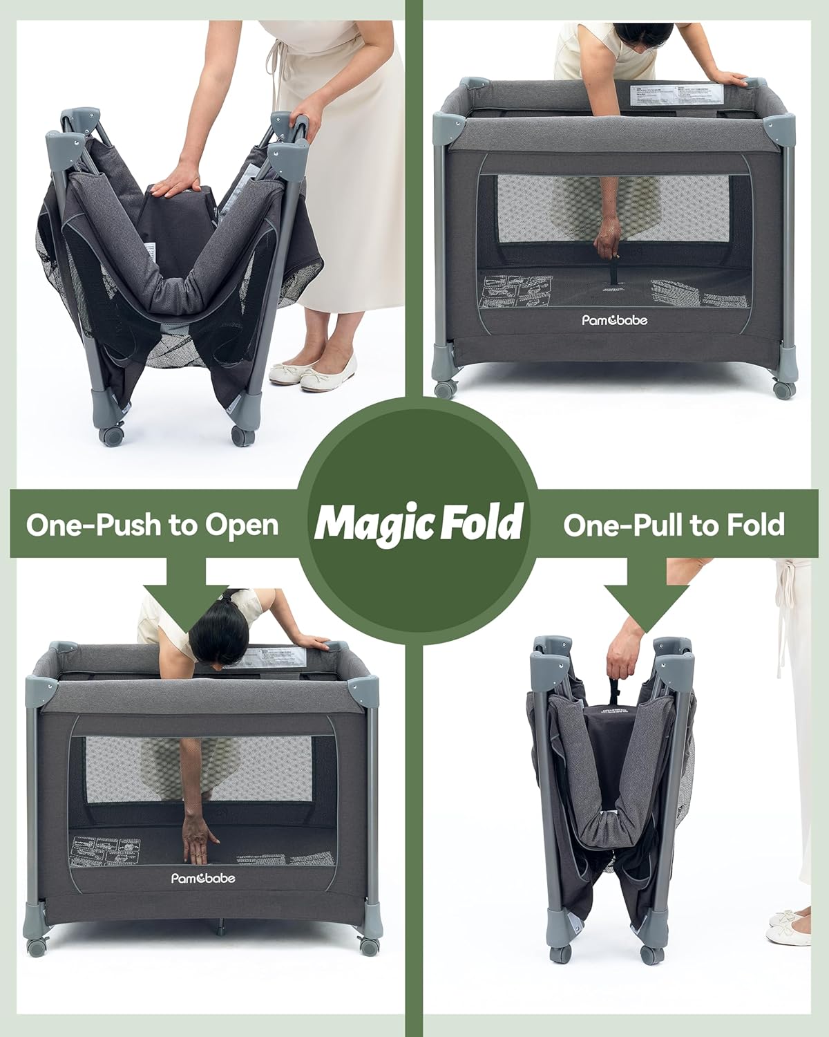 Pamo Babe 4 in 1 Deluxe Nursery Center, Magic Fold Portable Baby Playard with Zipper Gate, Foldable Baby Yard with Changing Table, Detachable Baby Bassinet