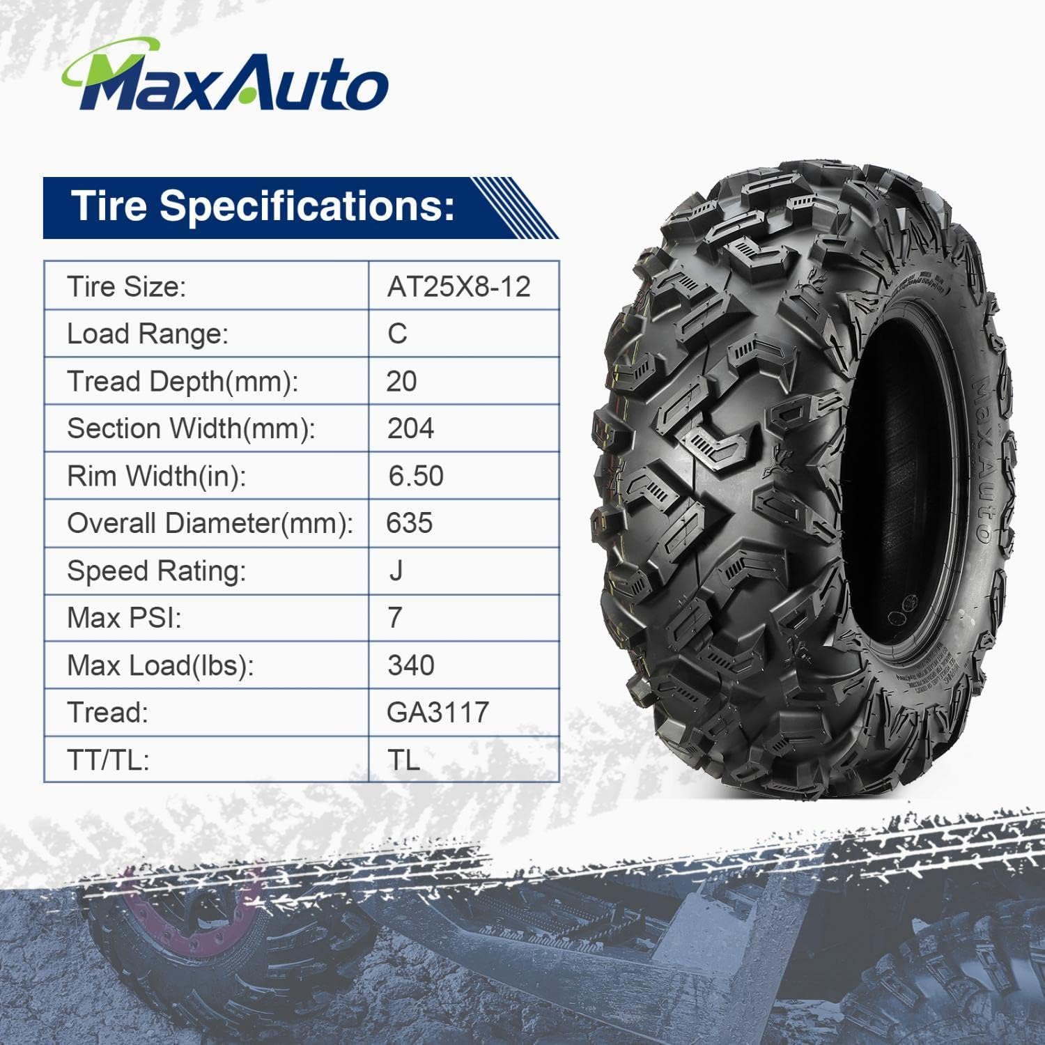 MaxAuto 25x8-12 25x10-12 ATV Tires Set of 4,6PR,Tubeless,0.8" Tread Depth,25x8x12 and 25x10x12 All Terrain Tires