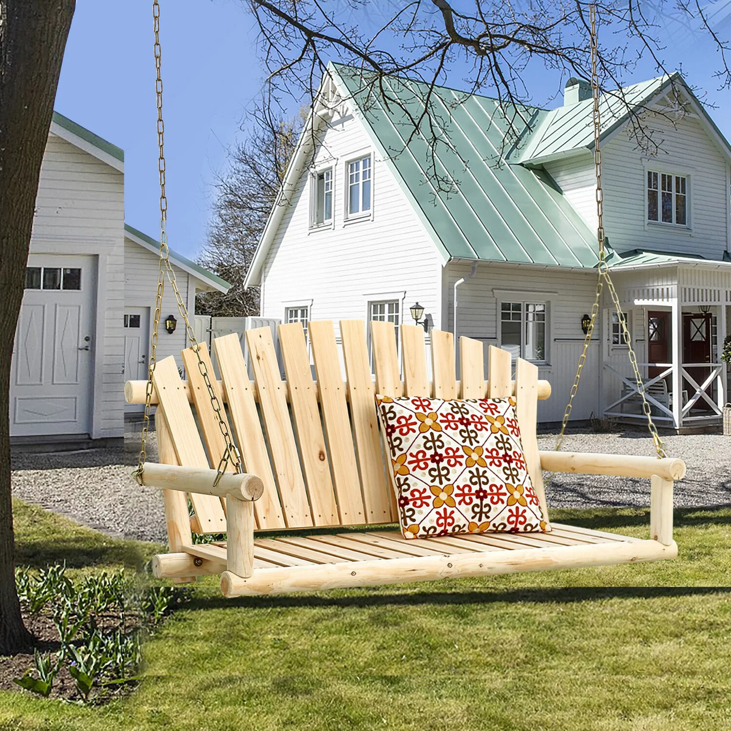 LuxenHome Natural Unfinished Wood Log Cabin Porch Swing with Chains
