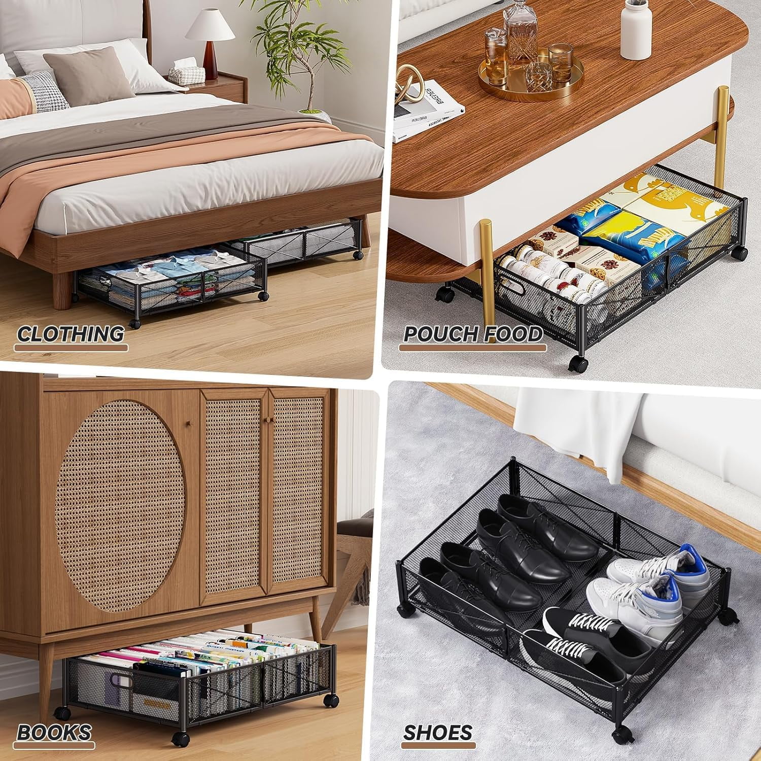Under Bed Storage Containers with Wheels, Under Bed Shoe Storage Organizer Drawer, Tool-free Assembly Metal Storage Containers for Bedroom Clothes Shoes Blankets -2PCK