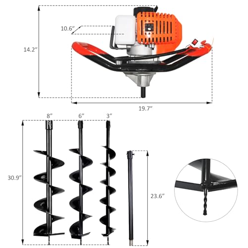 Post Hole Digger,72CC 2 Stroke Auger Post Hole Digger, Gas Powered Earth Digger 3 Auger Drill Bits(4"&8"&12'') and 2 Extension Rods for Farm Garden Plant (72cc Morden Digger)