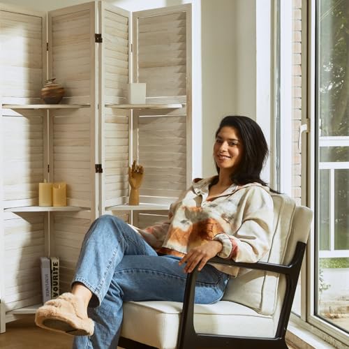 Room Divider with Shelves, 5.6 Ft Tall Folding Wood Screen with Double Hinges for Home Office Bedroom Hotel Decoration (6 Panels, Brown)
