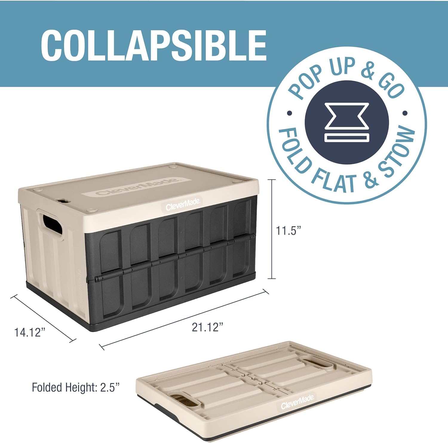 CleverMade Collapsible Storage Bin (With Lid), Tan, 3PK - 62L & Collapsible Shopping Basket, Ocean, 3PK - 24L