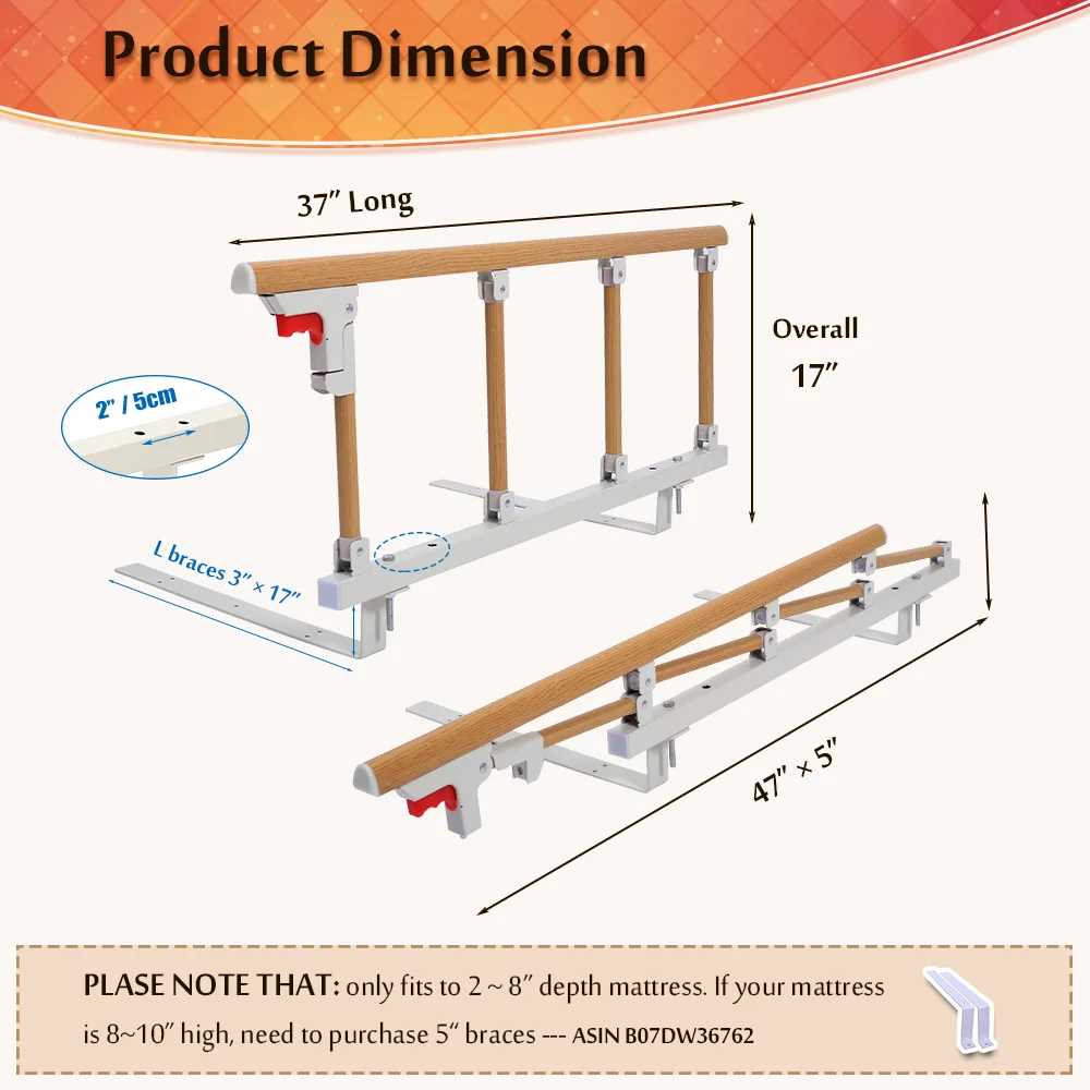Bed Rails for Elderly Adults Safety Bed Side Assist Rail Collapsible Guard Railing Medical Bedrail Slides Under Mattress Hospital Bed Half Rail Support Bar Bed Cane Transfer Handle Fall Protector