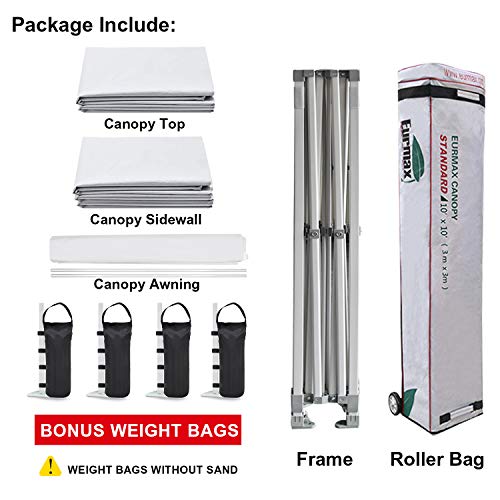 Eurmax USA 10 x 10 Pop up Canopy Commercial Tent Outdoor Party Canopies with 4 Removable Zippered Sidewalls and Roller Bag Bonus 4 Canopy Sand Bags & 24 Squre Ft Extended Awning(Black)