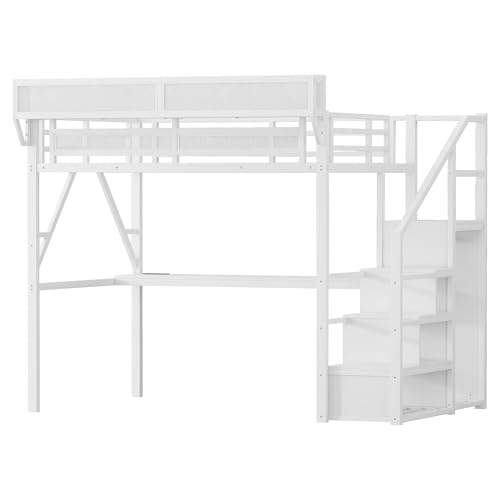 Full Size Loft Bed with Stairs and Storage, Metal Loft Bed Frame with Bedside Shelf and Large Under-Bed Space, Heavy-Duty Bed for Adults Teens and Kids, Black