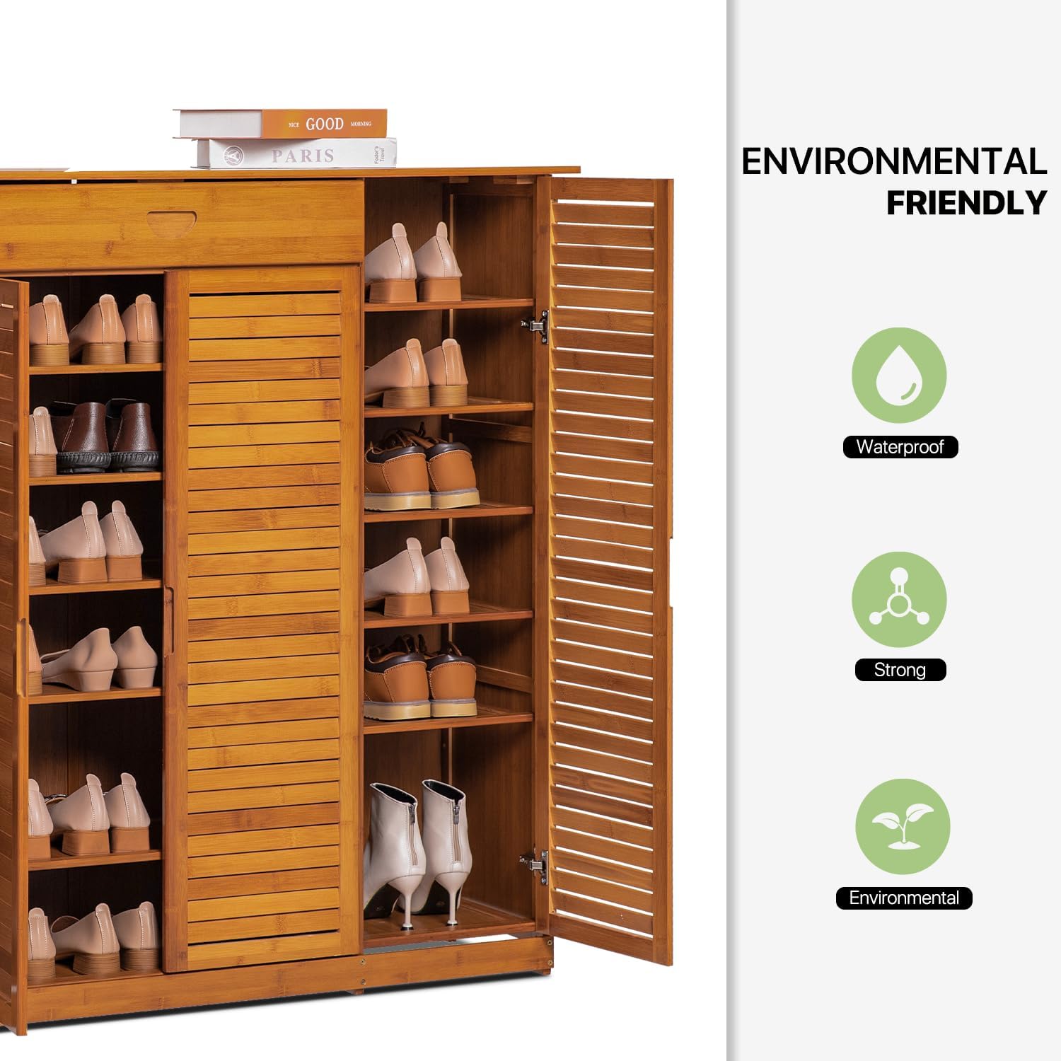 Magshion Bamboo 7-Tier Shoe Organizer with Drawer, Blind Door, Boots & Heels Holder, Entryway Freestanding Shoe Cabinet Organizer Storage Rack for Hallway Entryway (Brown)