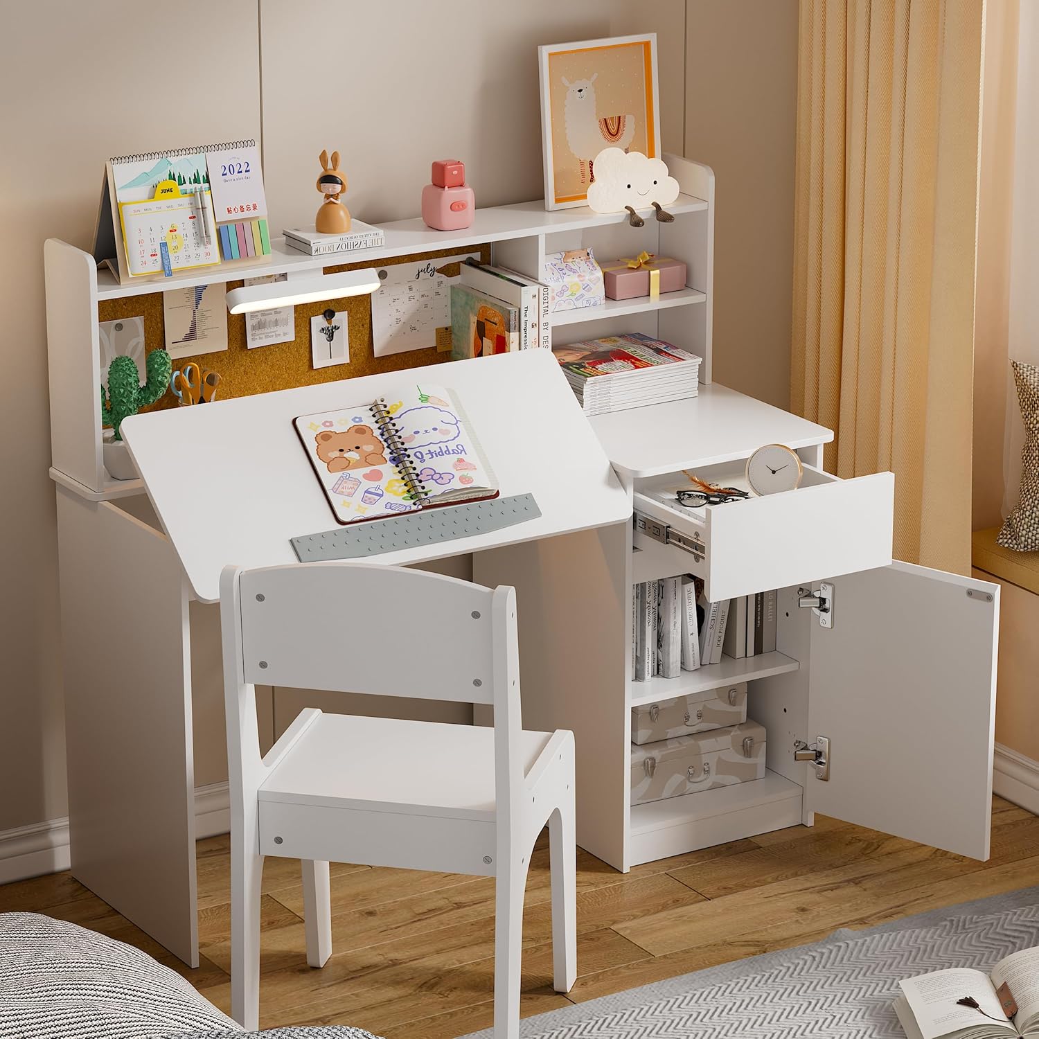 PAKASEPT Kids Desk and Chair Set,Kids Study Desk with 3-Color Lights,Tiltable Desktop,Multi Functional Study Table for Kids 5-12,Student Writing Desk with Hutch and Storage Cabinet for Bedroom