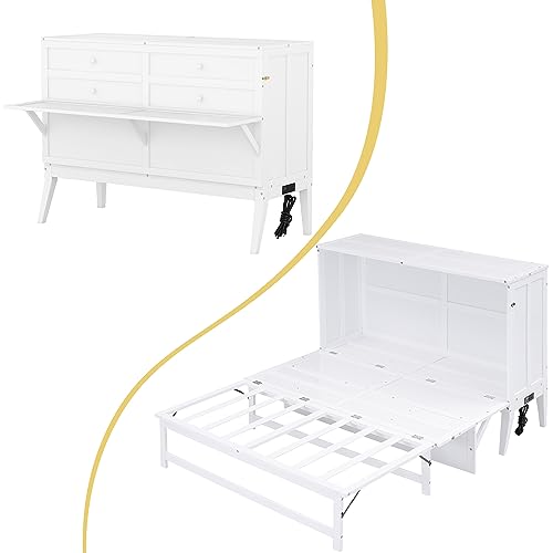 SOFTSEA Queen Size Murphy Bed with Bookcase, Bedside Shelves and Big Drawer, Storage Folding Wall Bed for Office Home Small Room Study, White