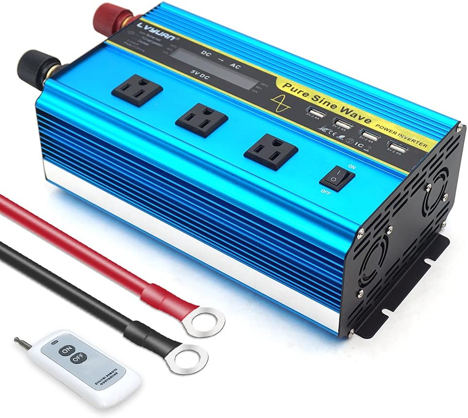 LVYUAN Pure Sine Wave Inverter 1600 Watts Inverter 12V to 110V DC to AC with Remote Controller, LCD Display 4 AC Sockets and 4 USB Ports for Car Truck Solar Power (PSW1600W-GREEN)