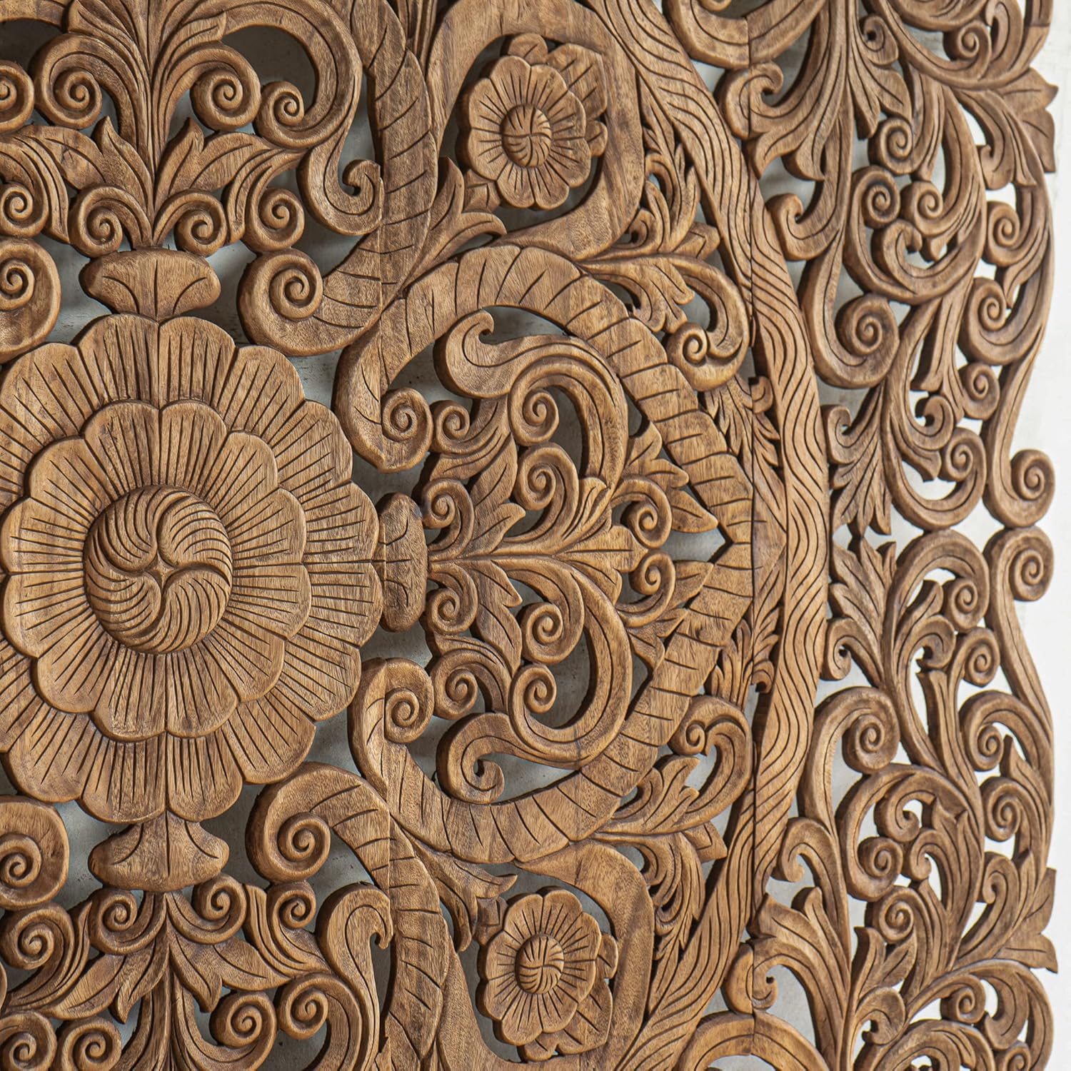 Boho Wood Carve Hanging Headboard, Texas King Size Back Bed, Wall Mounted Carving from Thailand, Brown Color, 80 inches