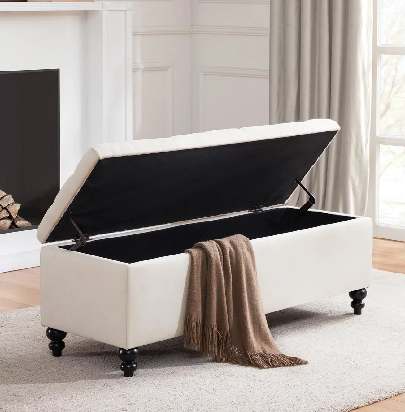 HUIMO 51" Ottoman with Storage, Large Storage Ottoman Bench with Button-Tufted, Bedroom Bench Safety Hinge Ottoman in Upholstered Fabrics, for Bedroom, Living Room,Cream