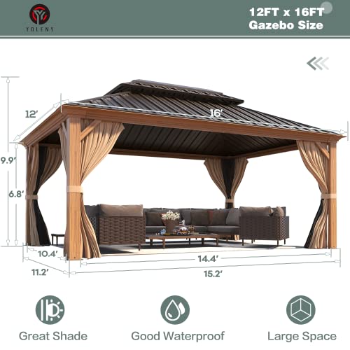YOLENY 10' x 12' Hardtop Gazebo, Wood-Looking Gazebo with Galvanized Steel Double Roof, Aluminum Frame, Permanent Metal Pavilion with Netting and Curtains for Deck, Backyard, Patio and Lawns