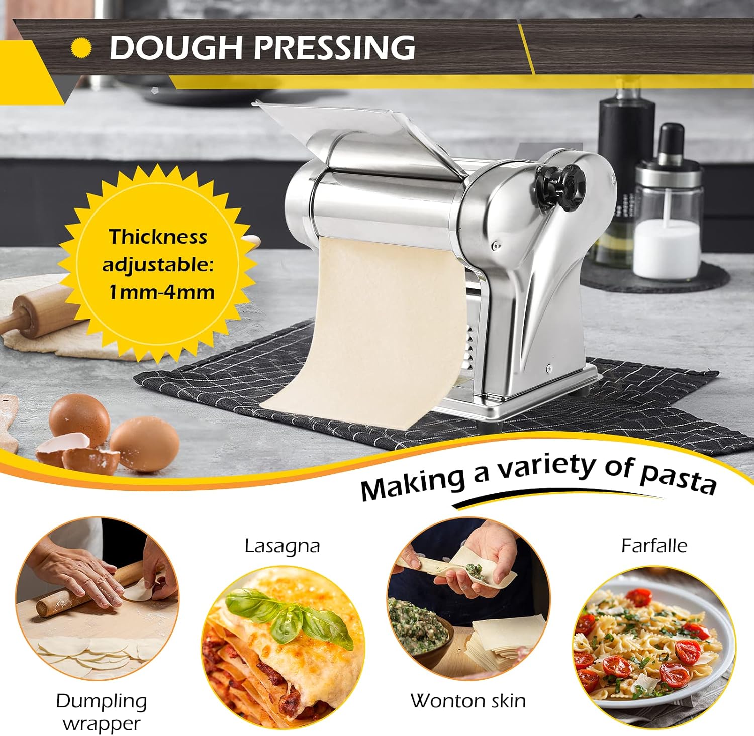 Dyna-Living Electric Pasta Maker Noodle Maker Machine Dough Spaghetti Roller Pressing Machine Thickness Adjustable Stainless Steel 135W for for Home Family Use (1.5mm round noodle+4mm flat noodle)