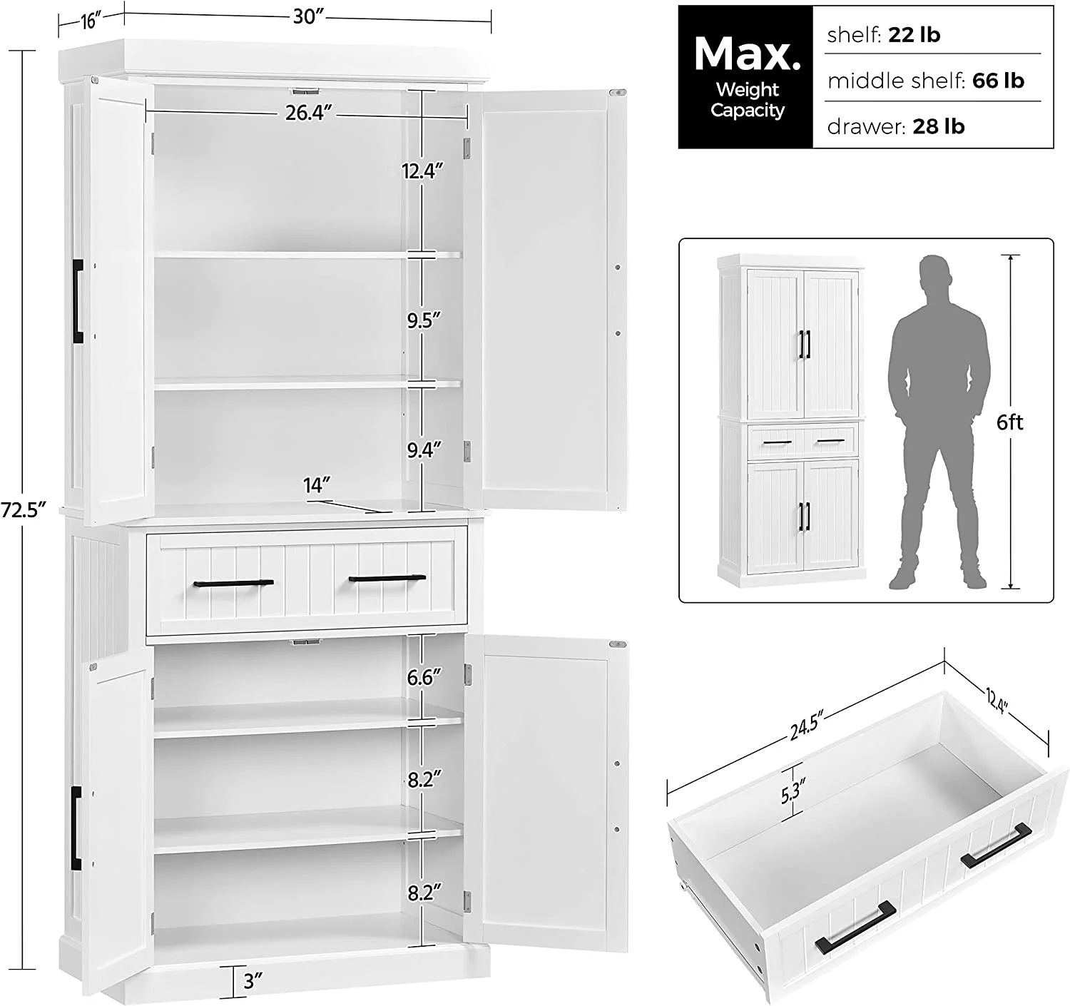 72.5" Kitchen Pantry Storage Cabinet with Drawer, Freestanding Pantry Cupboard with Doors and 2 Adjustable Shelves, Modern Utility Pantry Cabinet for Dinning Room, Living Room, White